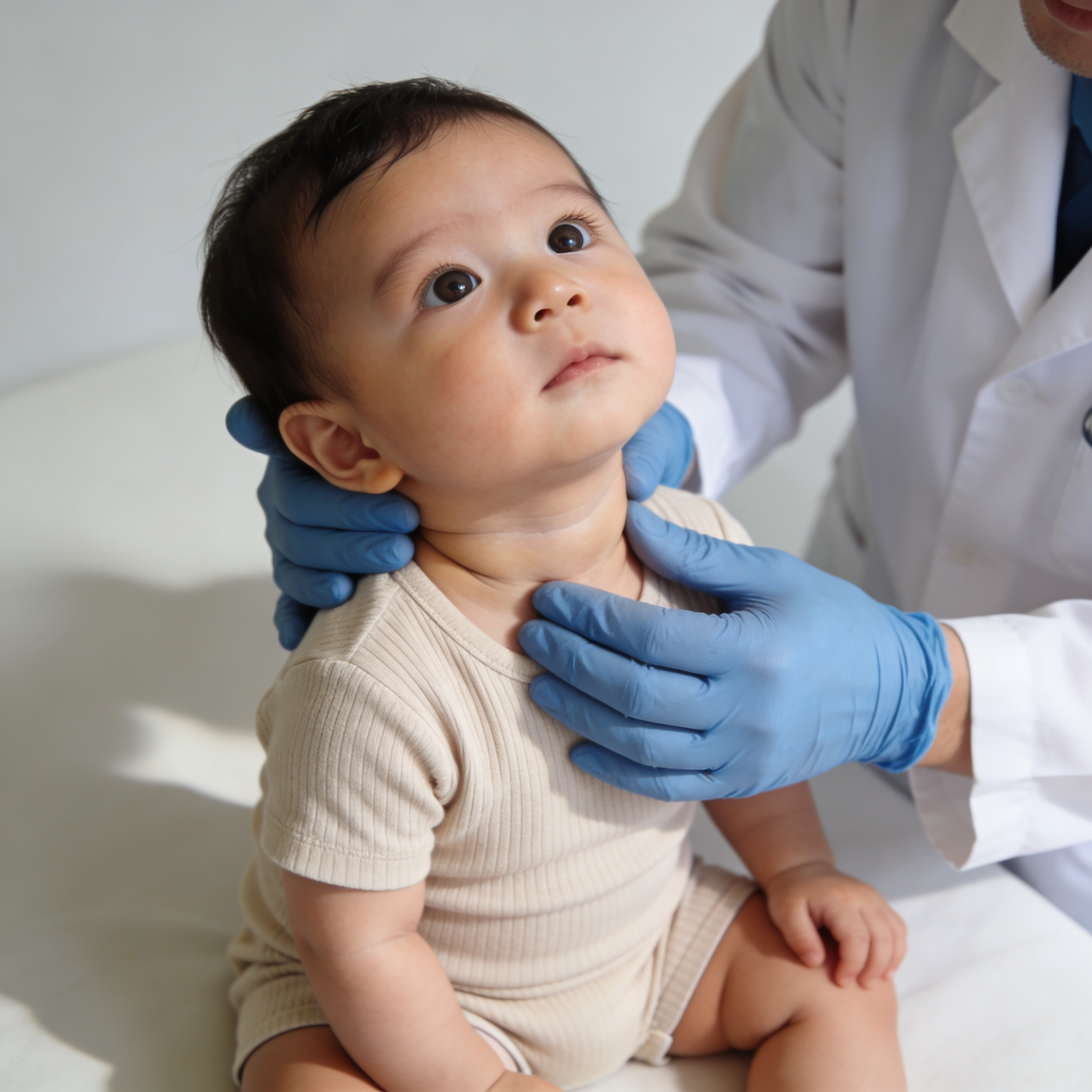 Doctor examining baby's neck movement
