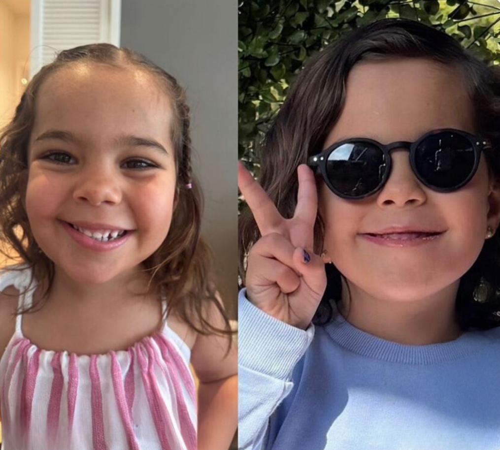 Two photos of a smiling young girl, one in a striped dress and one wearing sunglasses and making a peace sign