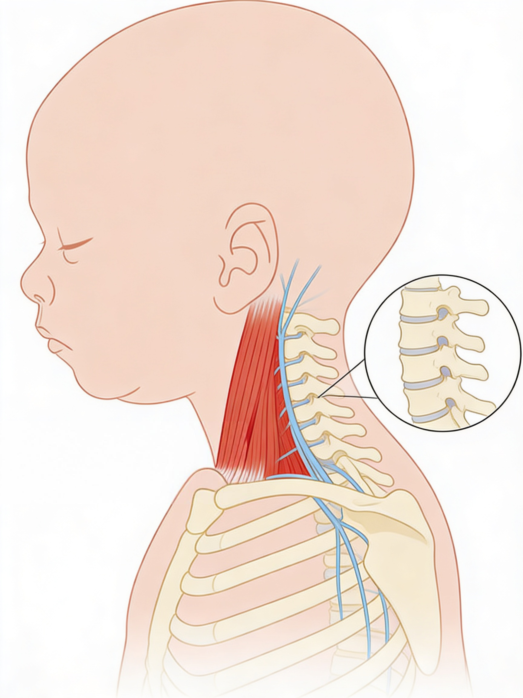 Medical diagram showing the sternocleidomastoid muscle and how torticollis causes head tilt in infants